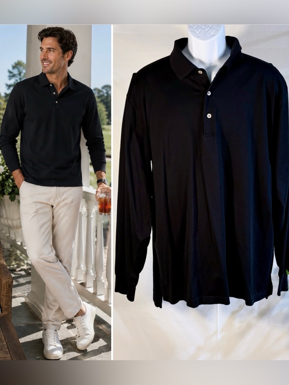 💥Peter Millar Vntg  Long Sleeve Polo Shirt Black 100% Cotton Made in Korea XL🧡